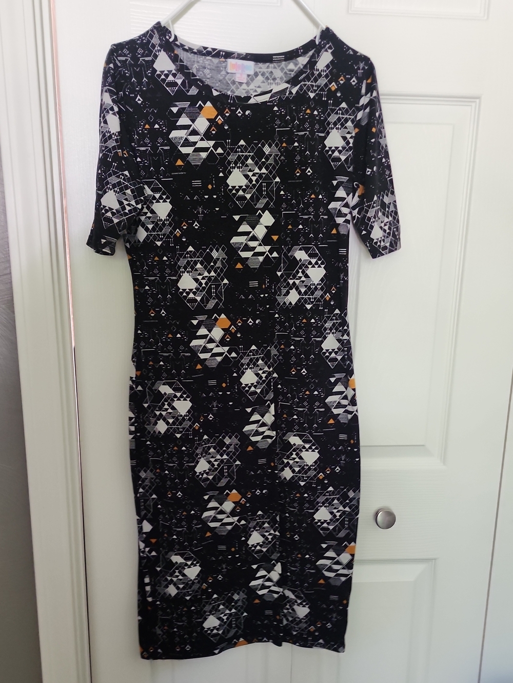 Lucky Brand Black Geometric Midi Dress with White and Orange Accents
